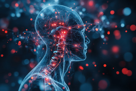A detailed representation of the human nervous system, highlighting neural connections in a dark environment.の写真素材
