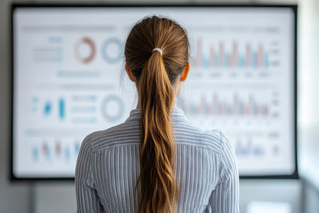 A woman with long hair observes graphs and charts displayed on a large screen.の写真素材