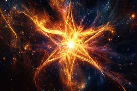 A luminous starburst radiates from the center, surrounded by dark cosmic spaces filled with vibrant colors.の写真素材
