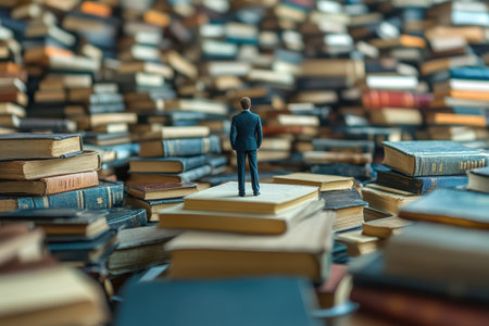 A solitary figure dressed in a suit stands on a stack of books, surrounded by an immense collection of literature.の写真素材