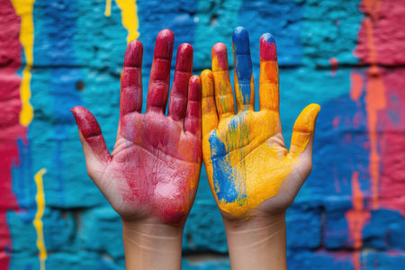 Two hands covered in blue and red paint are shown against a brightly colored wall in an art setting.の写真素材