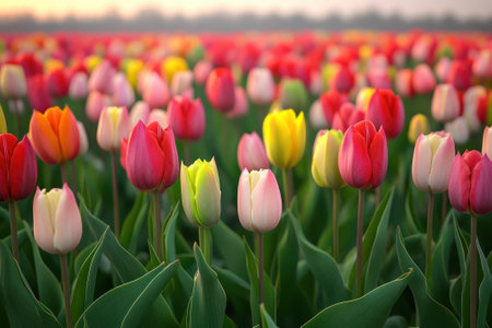 Rows of blooming tulips in various colors fill a beautiful field under a bright sky during spring.の写真素材