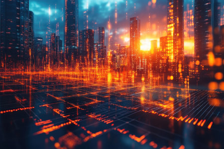 A vibrant sunset illuminates a futuristic city skyline filled with glowing digital patterns and structures.の写真素材