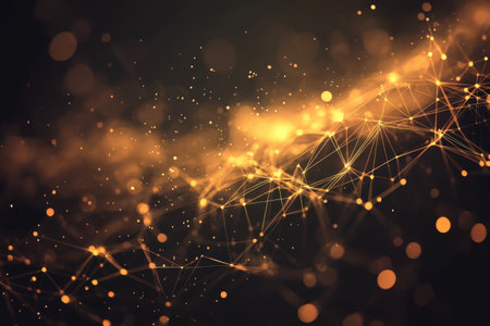 Golden particles and lines form an intricate abstract pattern with a dreamy atmosphere and depth.の写真素材