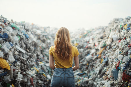 A young woman gazes at towering heaps of trash, contemplating the consequences of waste in the early afternoon.の写真素材