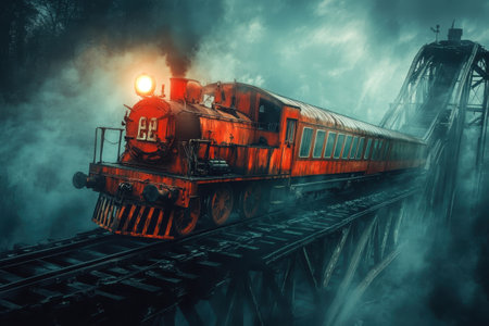 A vintage steam engine travels over a bridge engulfed in fog, creating a mysterious, atmospheric setting.の写真素材