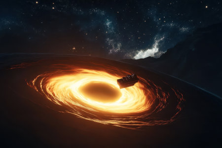 A spacecraft approaches a black hole, surrounded by swirling cosmic energy and distant stars in the dark universe.の写真素材