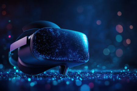 A high-tech virtual reality headset is surrounded by sparkling blue and purple lights in a darkened setting.の写真素材