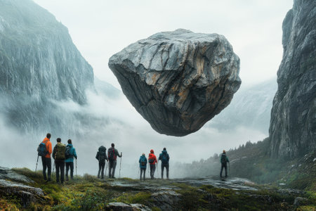 A group of hikers stands in awe as a massive rock mysteriously floats above the ground in the mountains.の写真素材