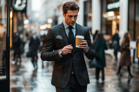 A man dressed in a smart suit strolls through a bustling city street with a coffee cup in hand.の写真素材