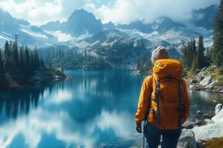 A solo hiker in an orange jacket enjoys breathtaking mountain scenery by a peaceful lake surrounded by pine trees.の写真素材