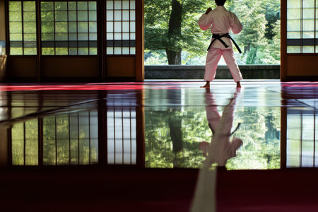 A dedicated martial artist practices karate in a traditional dojo with natural light filtering through.の写真素材