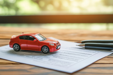 A bright indoor location features a wooden table with a toy car and two pens placed on top of documents.の写真素材