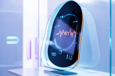 A sleek medical monitor displays vital signs including heart rate in a contemporary clinic setting.の写真素材
