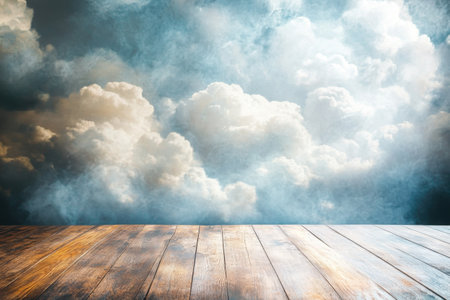 A peaceful wooden surface offers a view of a dynamic sky filled with fluffy, dramatic clouds above.の写真素材