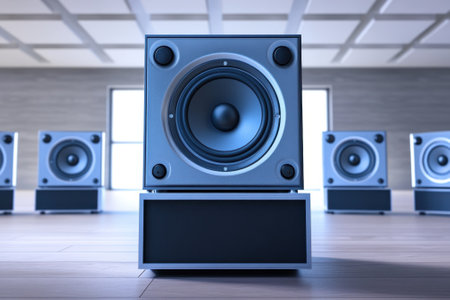 Multiple high-quality audio speakers are positioned in a bright room featuring wooden floors and large windows.の写真素材