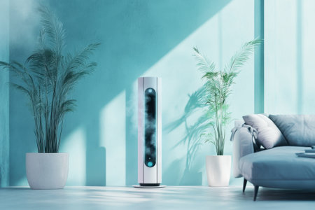 A sleek air purifier stands in a spacious living room, surrounded by green plants and natural light.の写真素材