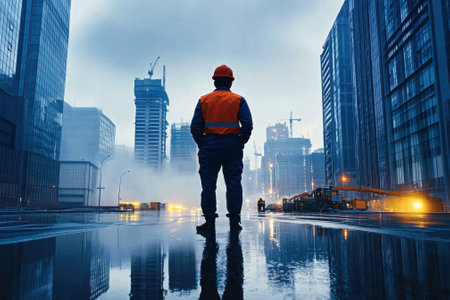 A construction worker in an orange vest watches a busy urban construction site amidst rain and fog.の写真素材