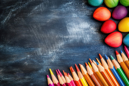 Brightly colored eggs and sharpened pencils create a vibrant setup for artistic projects in spring.の写真素材