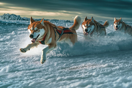 Three energetic dogs run joyfully through snow, pulling a sled in a pristine winter environment at sunset.の写真素材