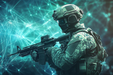 Tactical soldier holds a weapon, showing a modern combat stance amidst a high-tech digital environment.の写真素材