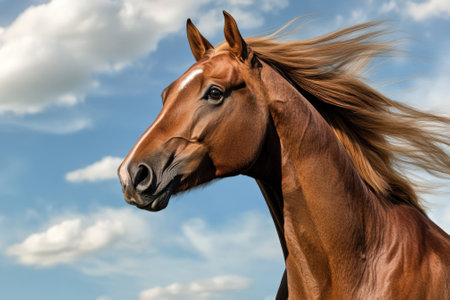 A powerful brown horse stands gracefully, its mane flowing in the breeze under a bright blue sky.の写真素材