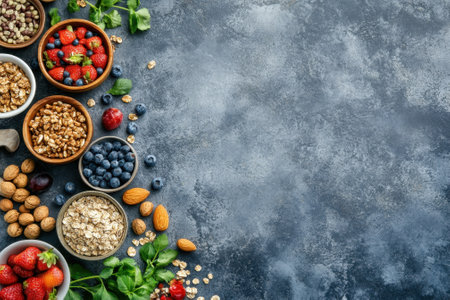 Colorful bowls filled with fruits, granola, and nuts are arranged on a textured dark background, perfect for breakfast.の写真素材