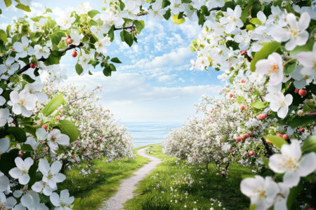 A tranquil pathway winds through blooming apple trees, leading to a peaceful ocean view under a clear sky.の写真素材