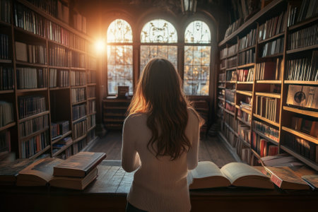 A woman stands quietly in a library, surrounded by books as the sun sets outside, casting soft light.の写真素材