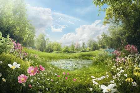 A lush green setting features a tranquil pond surrounded by vibrant flowers and blooming greenery under a bright sky.の写真素材