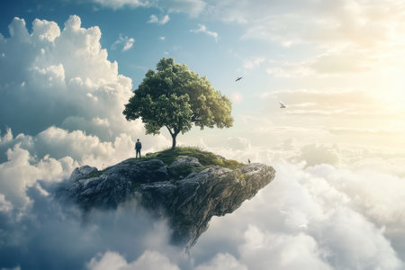A person gazes at a lone tree atop a rocky ledge, surrounded by soft clouds illuminated by sunset light.の写真素材