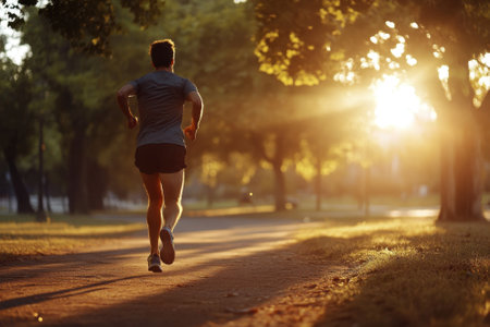 A runner relishes a tranquil jog along a wooded path bathed in warm morning sunlight.の写真素材