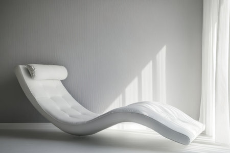 A sleek white chaise lounge is positioned in a bright, minimalist room with soft natural light streaming in.の写真素材