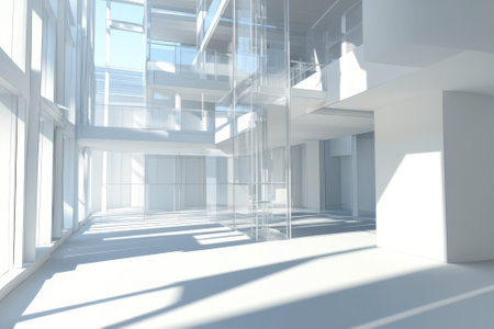 Bright, airy interior showcasing large glass panels and open spaces filled with sunlight and shadows.の写真素材