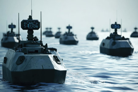 Advanced drone boats glide through still waters during a naval exercise, showcasing cutting-edge technology at dawn.の写真素材