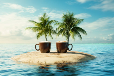 Two coffee cups sit on a small sandy island, shaded by palm trees, with calm waters reflecting the sky.の写真素材