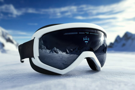 High-tech ski goggles sit on a snowy surface with stunning mountain views and bright sunlight overhead.の写真素材
