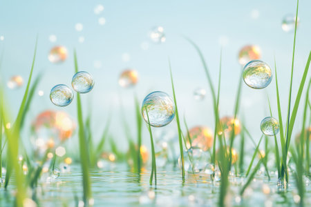 Colorful bubbles hover above lush green grass under a clear blue sky on a sunny day, creating a peaceful atmosphere.の写真素材
