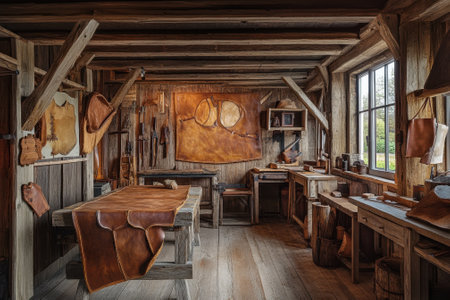 Leather workshop features wooden walls and tables, with tools and hides arranged for crafting leather goods.の写真素材