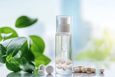 Clear container holds liquid near assorted pills and capsules, surrounded by green leaves and soft light.の写真素材