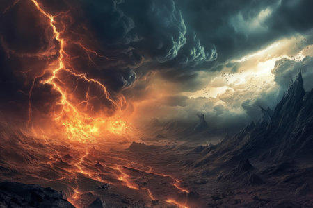 Volcanic eruptions illuminate a desolate landscape as stormy skies and lightning create a chaotic ambiance.の写真素材