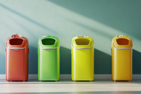 Four brightly colored recycling bins are neatly lined up against a wall, showcasing a clean indoor environment.の写真素材