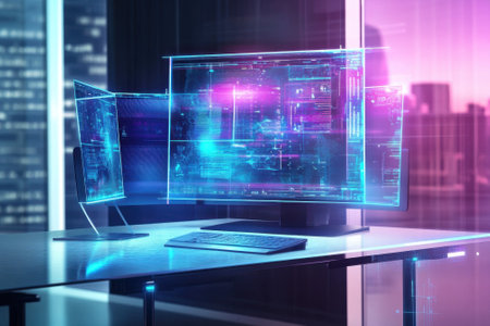 A sleek workspace features multiple holographic screens displaying data and analytics in a glass office.の写真素材