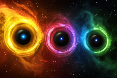 Three vibrant black holes are surrounded by swirling cosmic gases and colorful energy bursts in deep space.の写真素材