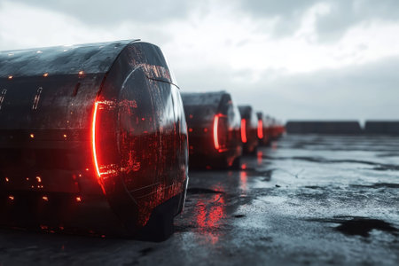 Transport pods with glowing lights are arranged on a wet urban street under a cloudy twilight sky.の写真素材