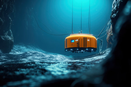 An advanced underwater exploration vehicle is lowered into a deep ocean chasm for research and data collection.の写真素材