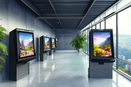 Digital displays showcase vibrant landscapes in a contemporary office space with city skyline views.の写真素材
