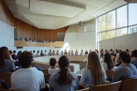 A diverse group of students engages in a roundtable discussion in a contemporary classroom.の写真素材