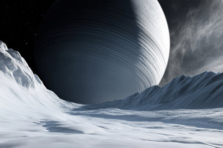 A vast, icy terrain stretches out under a massive planet looming in the background against a starry sky.の写真素材