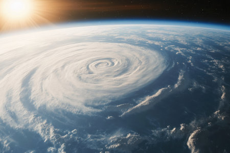 A powerful hurricane is seen swirling over the ocean, illuminated by sunlight from the horizon.の写真素材